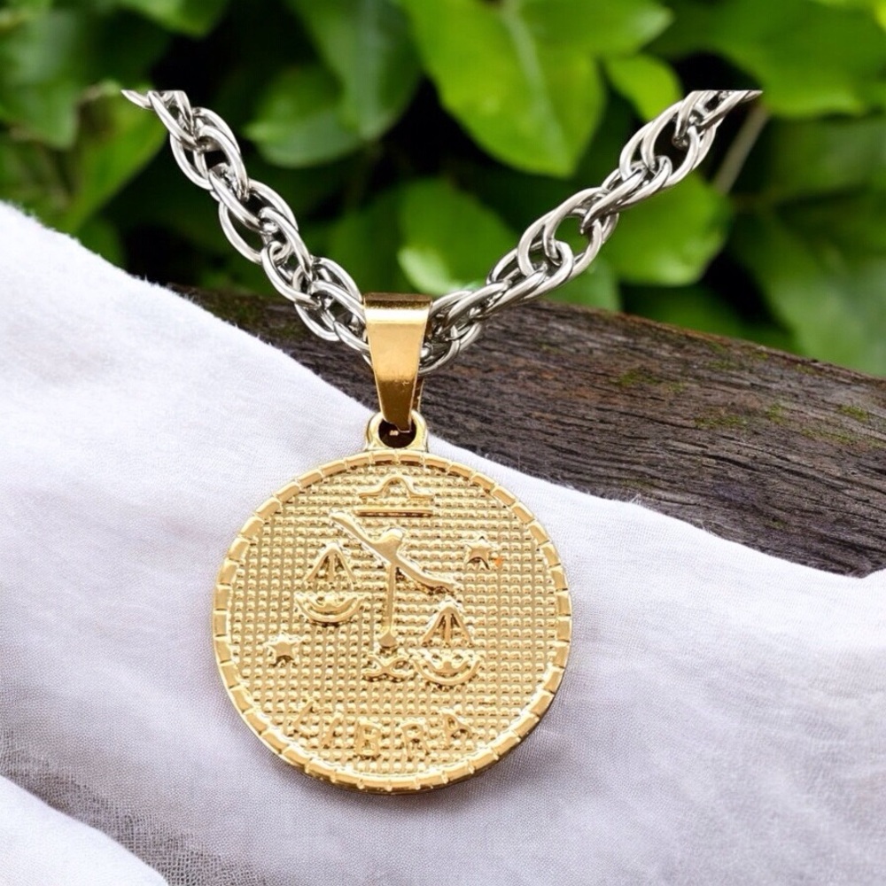 🆕 Libra Gold Coin on Twisted Helix Necklace Stainless Steel